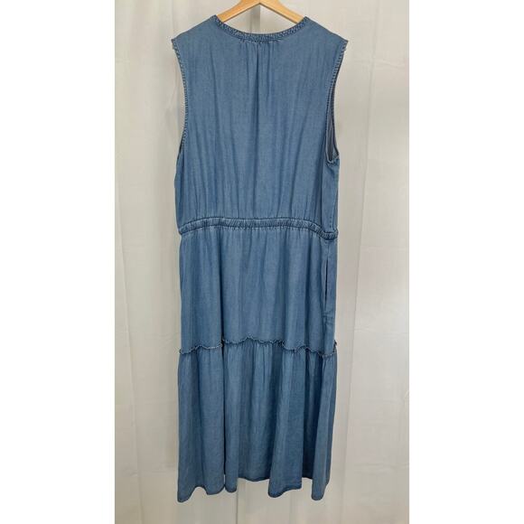LANDS' END Tiered Midi Dress Sleeveless V Neck Lyocell Chambray Denim Blue XXL - Picture 2 of 7